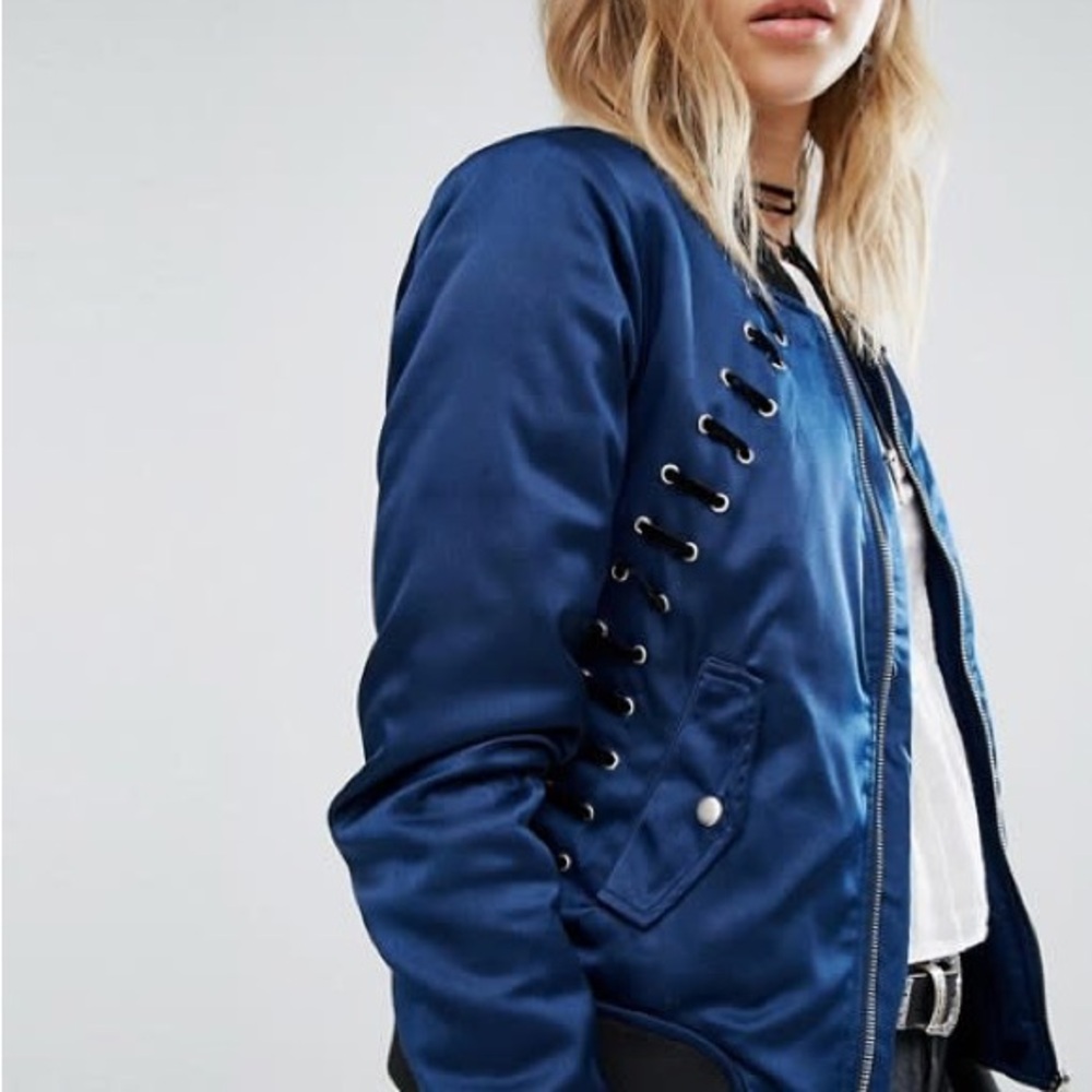 Lace Up Detail Satin Bomber